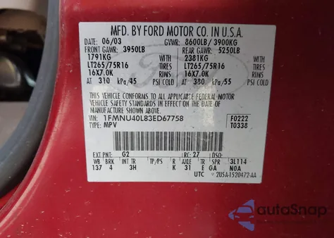 2003 Ford Excursion Xlt из США, поврежденный, VIN 1FMNU40L83ED67758